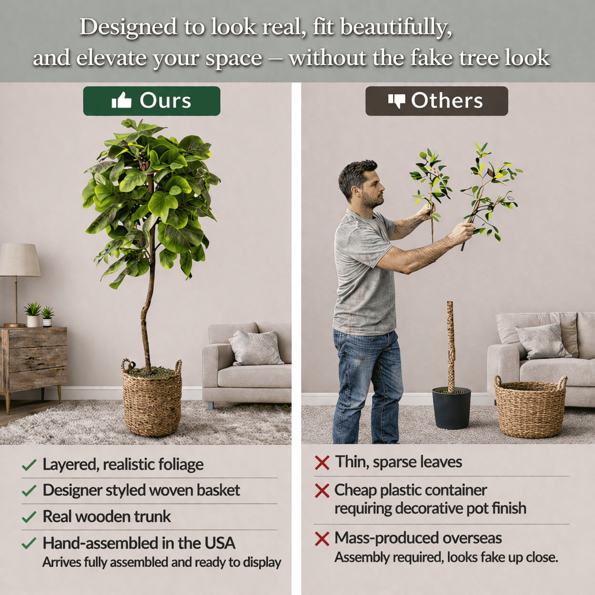 Artificial Trees, 5ft Artificial Fiddle Leaf Fig Tree in Handwoven Handled Basket by LCG Florals, Fake Indoor Faux Tree for Living Room, Office, & Home Decor