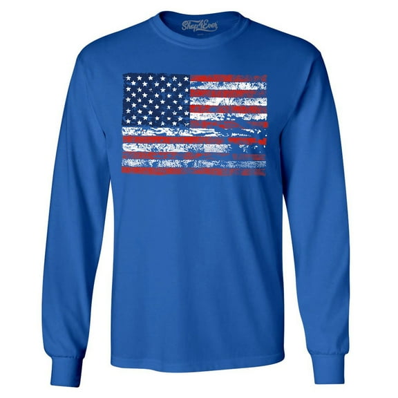 Shop4Ever Men's Distressed American Flag Horizontal USA Patriotic 4th of July Long Sleeve Shirt Medium Royal Blue