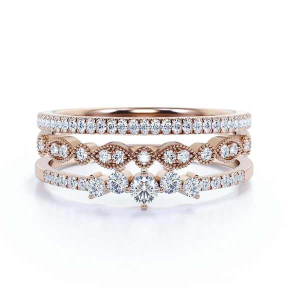 Promise Ring 1.60 Carat Round Cut Diamond Moissanite Engagement Ring Wedding Band Ring In 925 Sterling Silver With 18K Rose Gold Plating, Gift For Her, Trio Set, Matching Band, Anniversary Ring