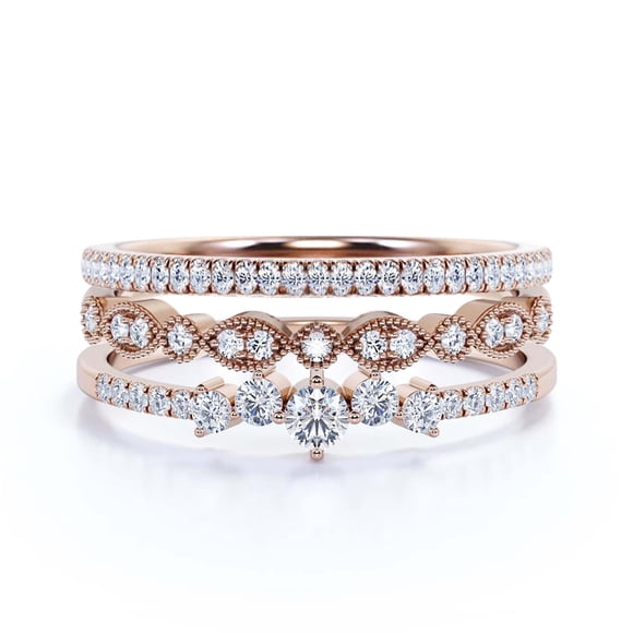 Custom Crafted Promige Ring 1.60 Carat Round Cut Diamond Moissanite Cheap Engagement Ring Wedding Band Ring in 10k Solid Rose Gold, Trio Set, Matching Band, Fairy Ring