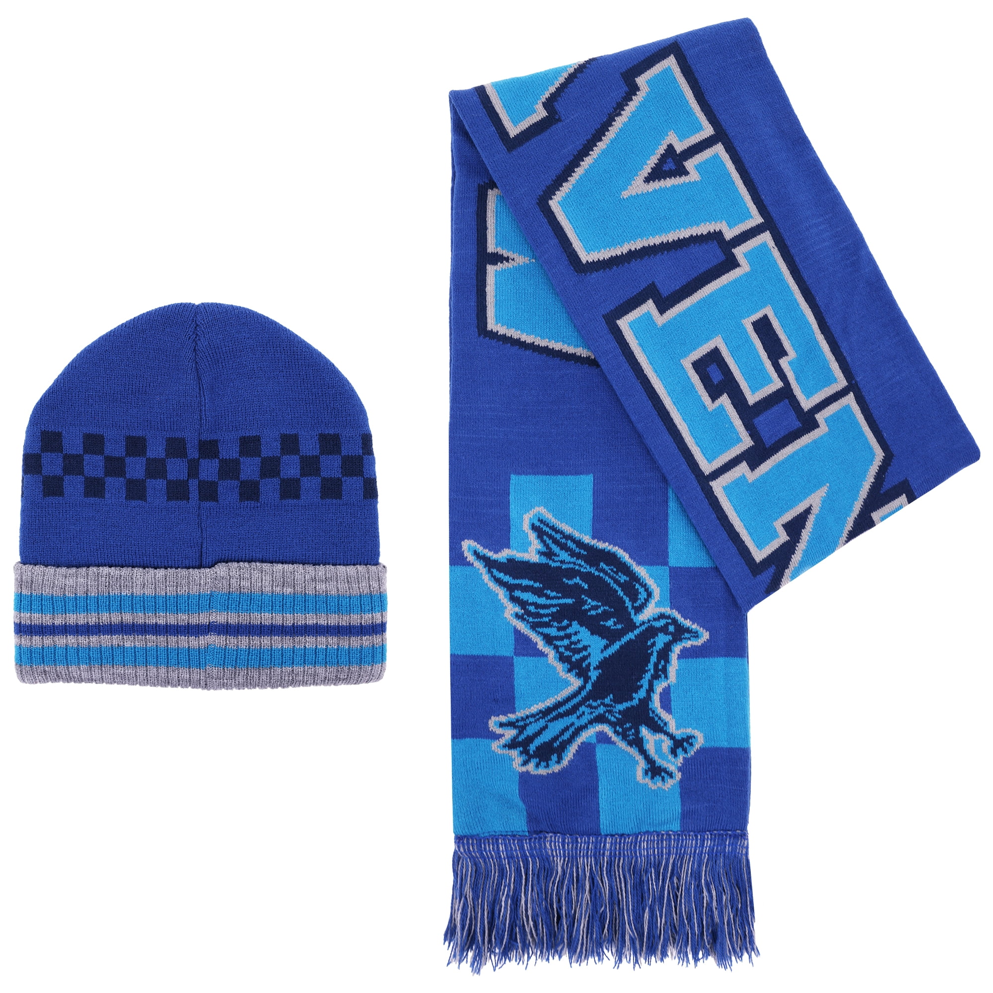 Harry Potter Beanie Hat, Ravenclaw Ribbed Cuff Winter Knit Cap, Blue/Grey, One Size