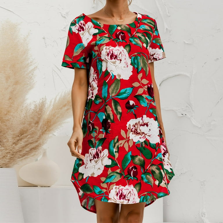 Spring Dresses For Women Party Women sCotton And Linen Flower Printing O Neck Short Sleeve Mini Dress Club Short Sleeve O Neck Floral Pattern Mini