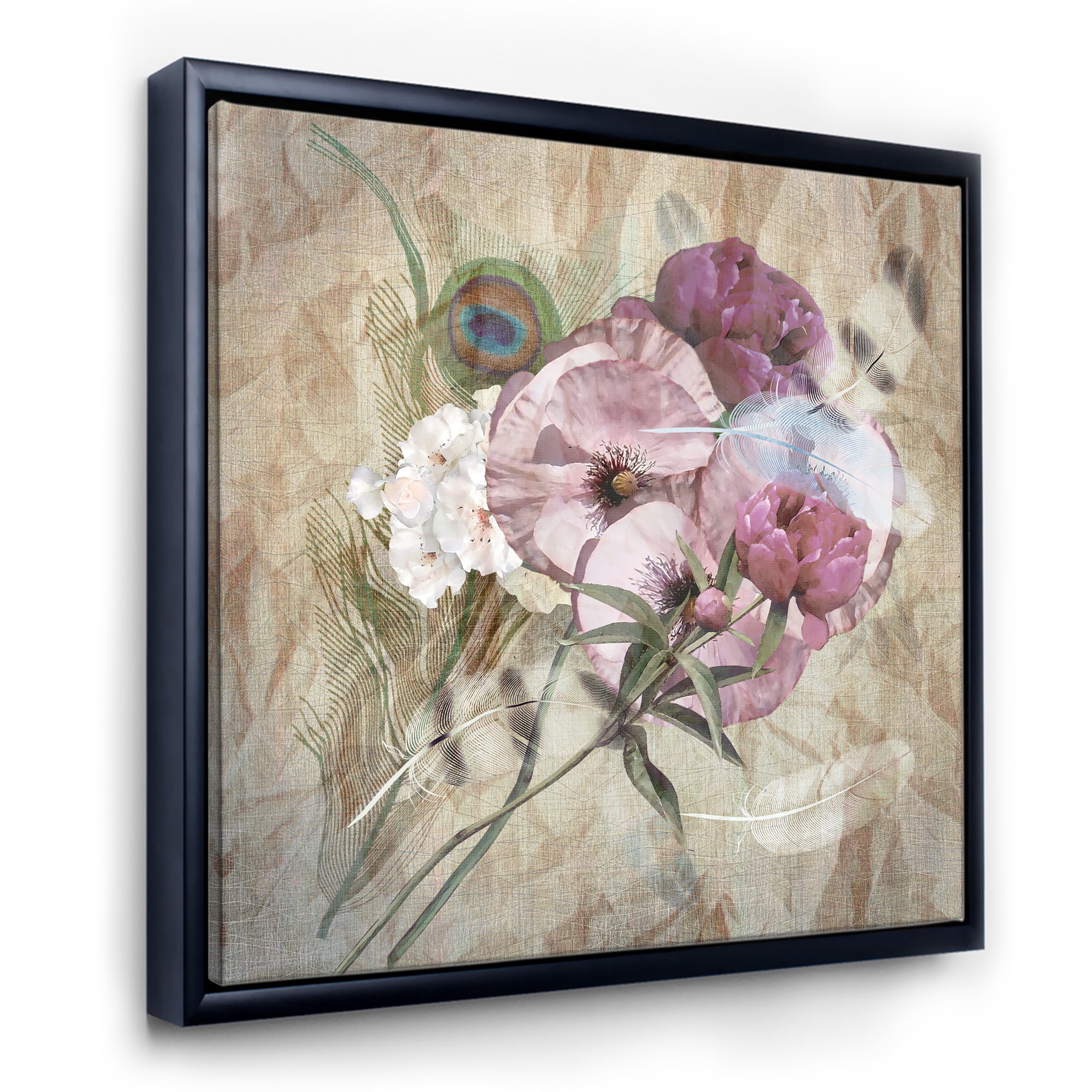 Designart 'Iris Bouquet Floral Design With Peacock Feather' Traditional Framed Canvas Wall Art Print