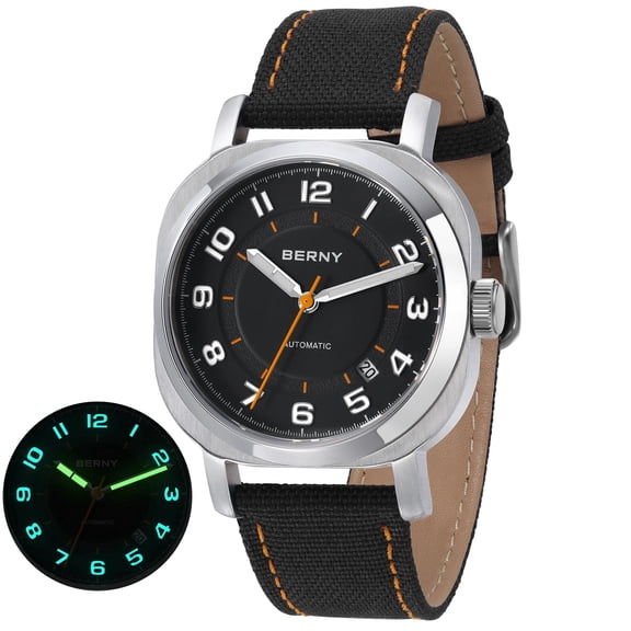 BERNY Automatic Watch for Men, Casual Sport 50M Waterproof Mechanical Wrist Watch with Fabric Strap, Super Luminous, Sapphire Glass, Date Calendar, Fashion Vintage Men's Watch, Black