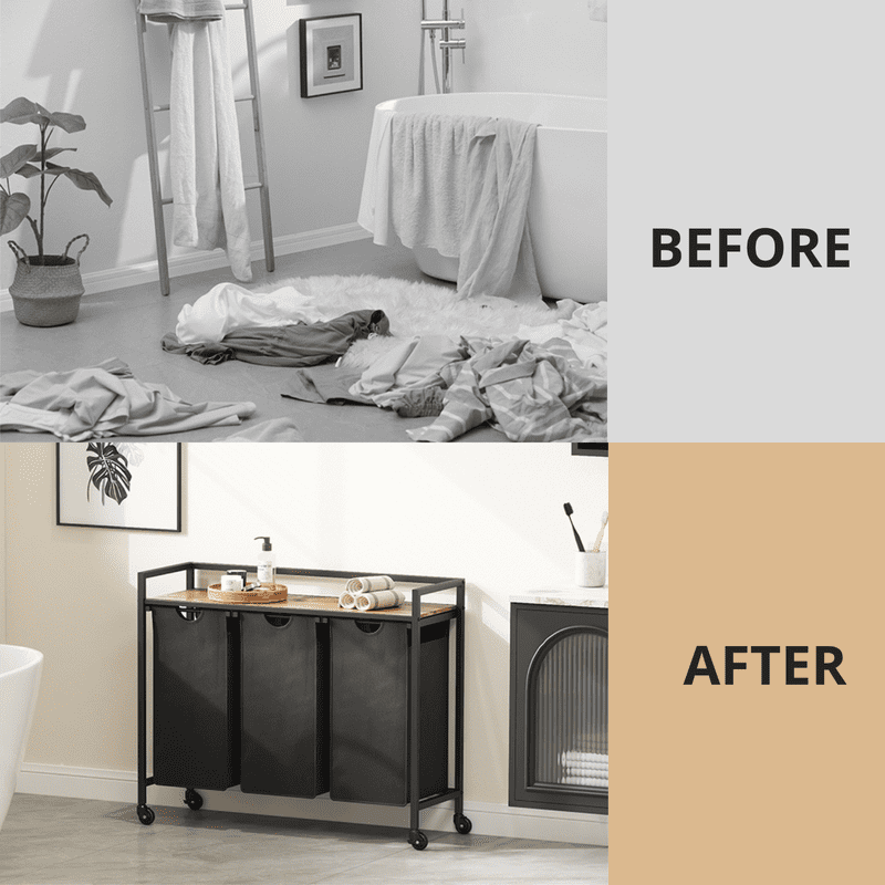 Laundry Hamper with Shelf, 2 Section Laundry Sorter with Pull-Out Removable Bags & Rolling Wheels, Metal Frame Laundry Basket Organizer for Bathroom Bedroom Laundry Room, Rustic Brown + Black
