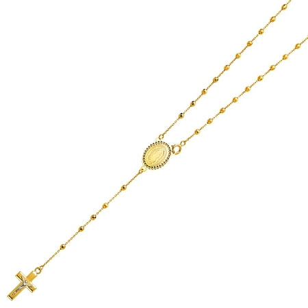 Real 14K Solid Yellow Gold 2.5mm Ball Virgen Guadalupe Rosary Necklace Religious Cross Crucifix Jesus Rosario Mother Mary 20