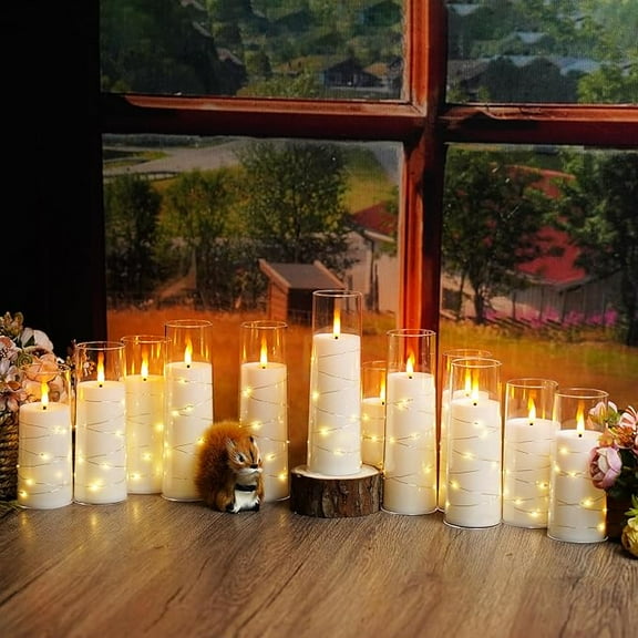 Flameless LED Pillar Candles (12 Pcs) – Embedded Star String, Battery Operated with Remote & Timer, White – Perfect for Home/Party/Wedding