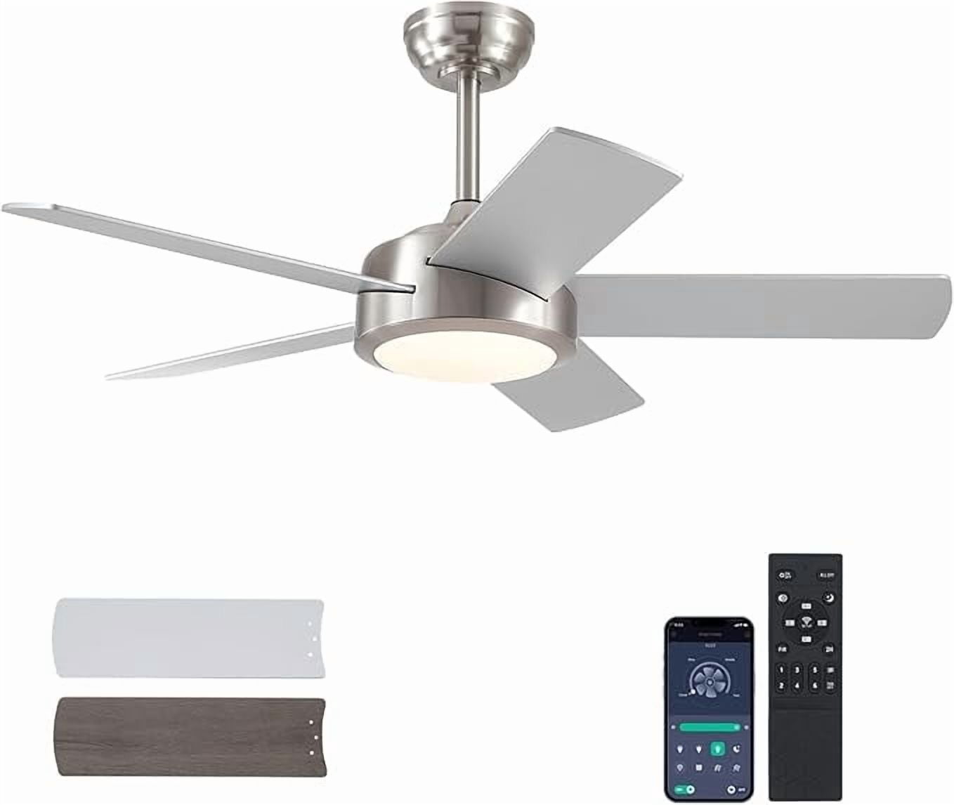 YIOSI 46" Nickel Ceiling Fan with Lights & Remote - Modern Low Profile, Reversible DC Motor, 5 Dual-Sided Blades, LED Light, APP/Remote Control, Quiet & Energy Efficient - Nickel