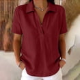 thumbnail image 2 of Collared Split V Neck Linen Pullover Blouse Short Sleeve Solid Loose Curved Hem Casual Top for Women Spring Summer Daily Wear S-XXL, 2 of 7