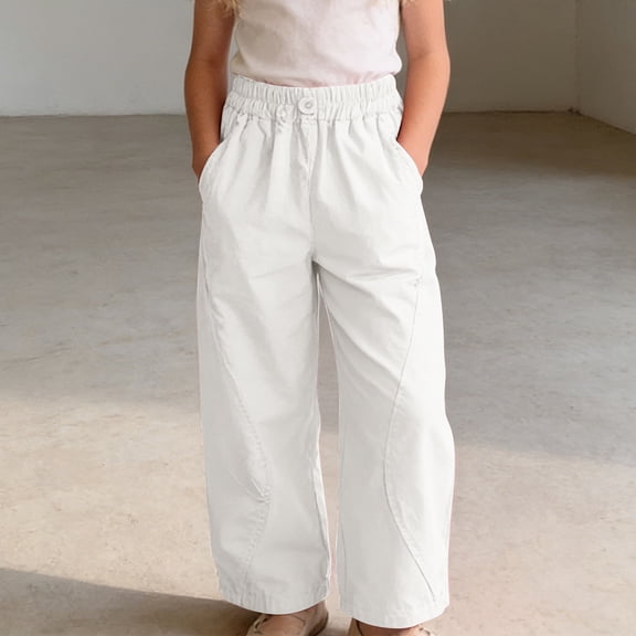 ITSAME Girls Pants, Straight Leg Loose Fit Elastic Waist Fashion Casual Thin Pants with Pockets White 10T