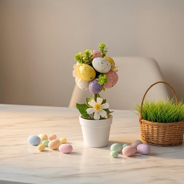 COM1950s Easter Egg Planter, Colorful Speckled Artificial Egg in Pot, Easter Table Decor and Spring Home Centerpiece, 7.87 Inch Holiday Desktop Decoration