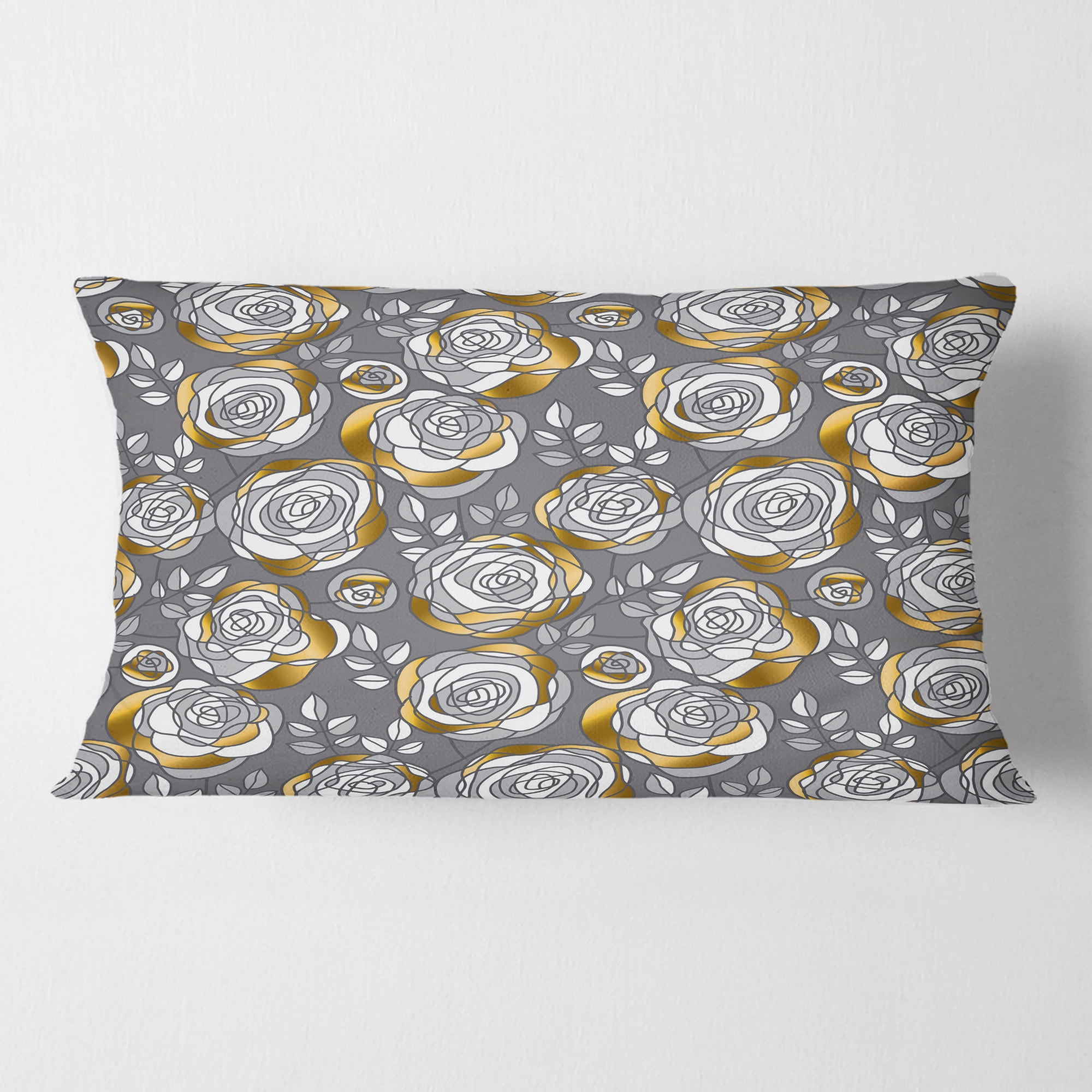 Designart Golden Rose Flowers ' Mid-Century Modern Throw Pillow - 12x20