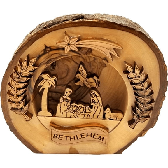 Holy Land Olive Wood Round Nativity with Bark