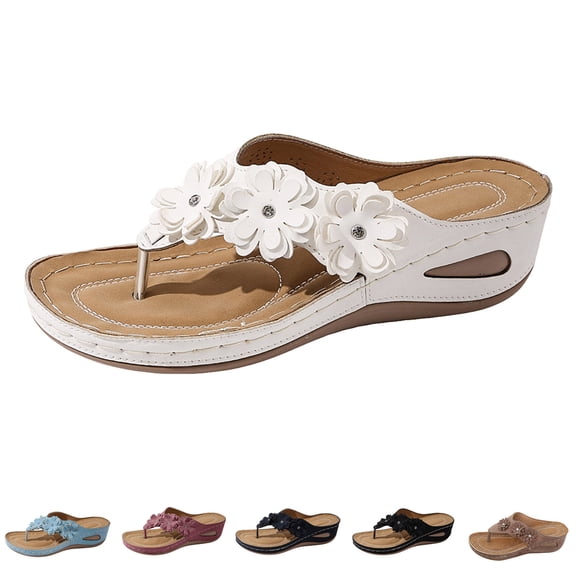 Modstep Sandals for Women Orthopedic Wedge Shoes Comfortable Dressy Summer Flower Flip Flops with Arch Support Non Slip Slides Black 6