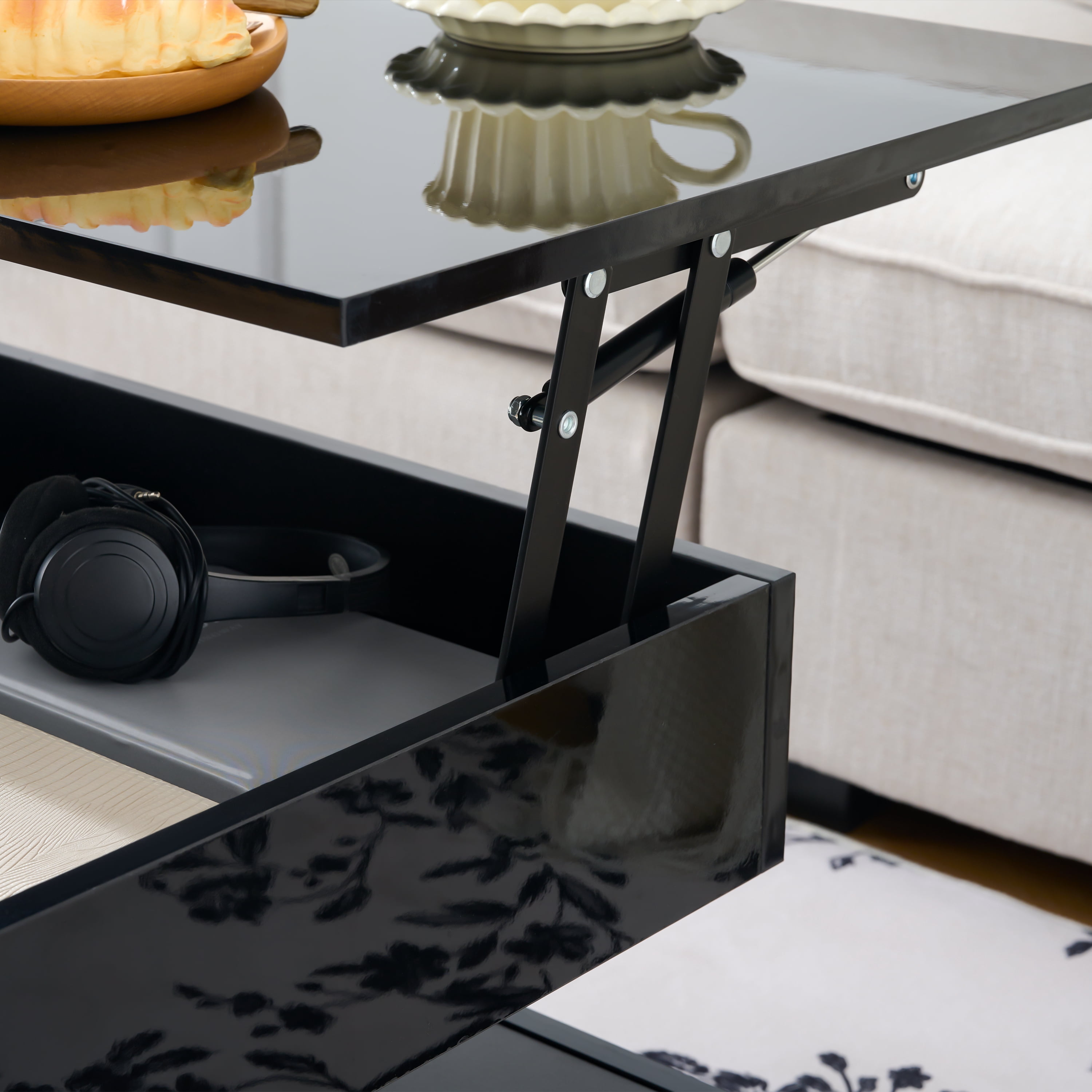 BaPiPro 39.3" Lift Top Coffee Table with LED Lighting, Hidden Compartment, 2 Storage Drawers, Adjustable Height, Black