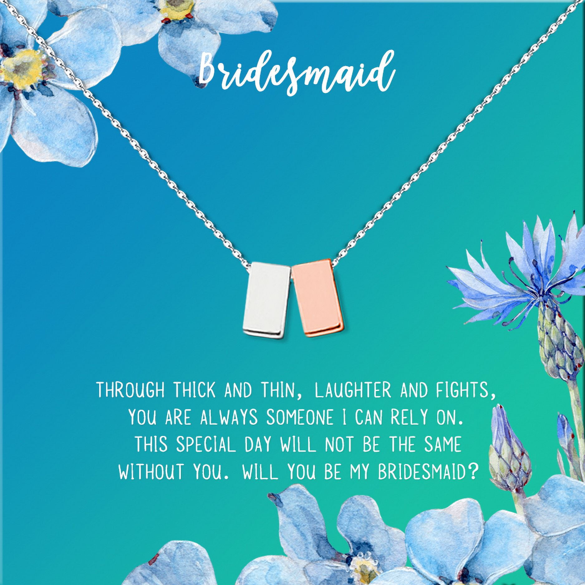 Anavia Bridesmaid Proposal Necklace, Will You Be My Bridesmaid, Bridal Party Gift Card Jewelry Necklace-[Silver and Rose Gold Double Cube, Bright Blue Gift Card]
