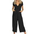 thumbnail image 2 of Usmixi Jumpsuits for Women Dressy Casual Button up Comfy Cotton Linen Pocket Long Jumpsuits Overalls Summer V-Neck Short Sleeve Solid Maxi Formal Rompers Black s, 2 of 4
