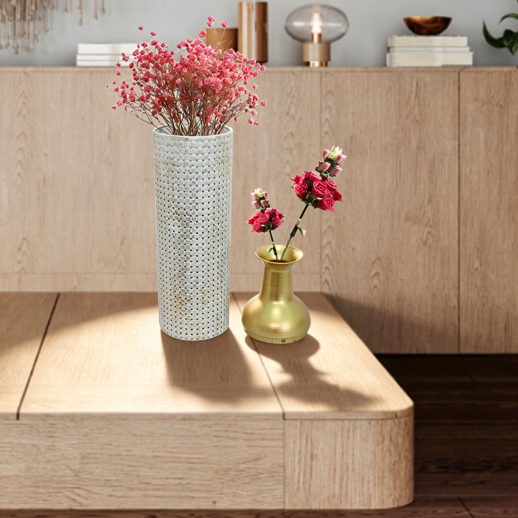 Noble House Set of 3 Decorative Metal Floor Vases, Tall Textured Vases for Home Decor, White+Gold