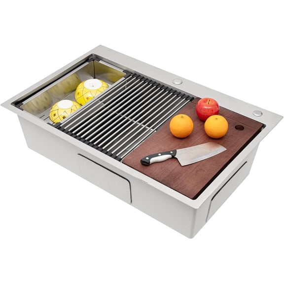 33 x 22 Inch Single Bowl Stainless Steel Undermount Sink, Single Bowl Drop in Kitchen Sink, Built-in Kitchen Sinks Workstation