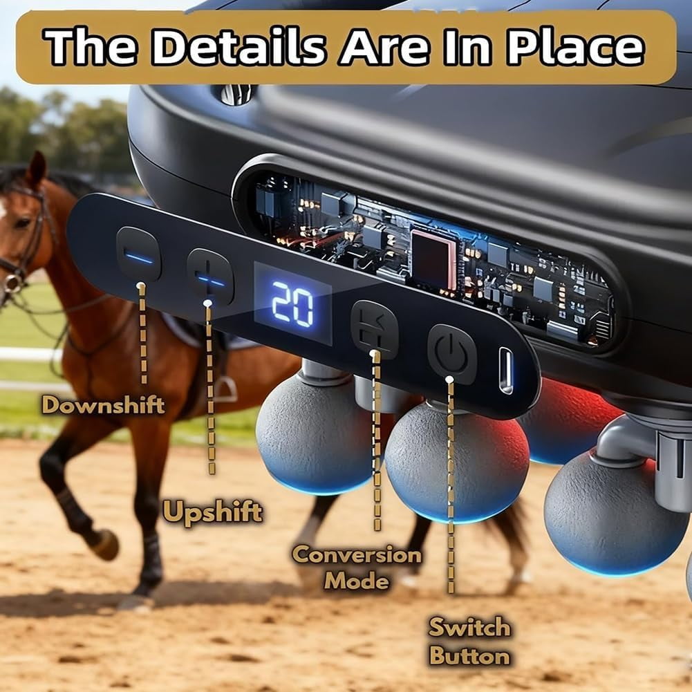 Equirelief 8 Heads Horse Massage Gun, 2025 Upgraded Equine Percussion Massager with 30 Intensity Levels and 3 Modes, Ultra-Quiet Deep-Kneading Massager for Equine Wellness(8 Heads)
