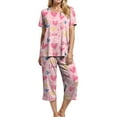 thumbnail image 5 of felwors Women's Capri Pajama Sets Floral Print Short Sleeve Sleepwear Top and Capri Pants 2 Piece Loungewear with Pockets Pink, L, 5 of 7