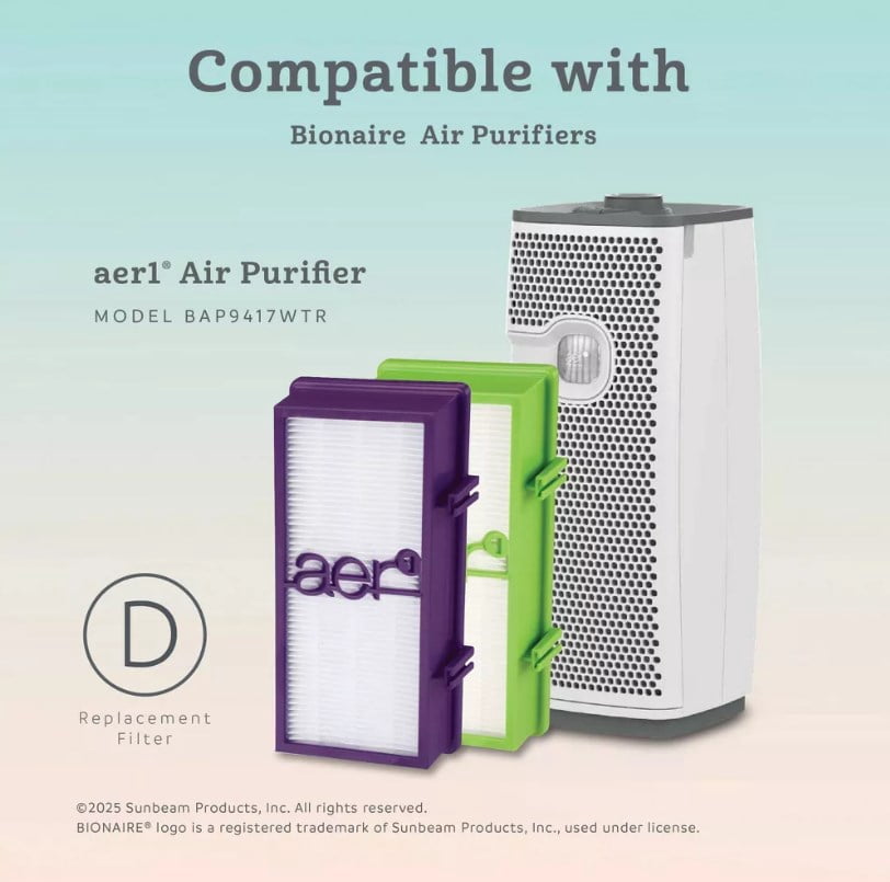 Bionaire 2pk AER1 Allergen Air Purifier Filters Purple: True HEPA, EPA Certified, Captures Odors & Smoke, Fits Bionaire & Holmes