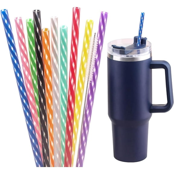 Dakoufish 12 Inch 10 Color Replacement Reusable Drinking Straw for 40 oz 30 oz 24 oz Tumbler,Dishwasher Safe Plastic Straws Set of 10 with Cleaning Brush