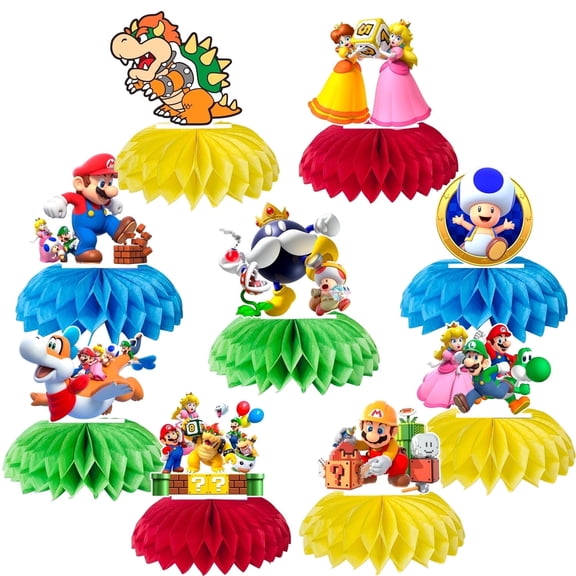 Marioo Honeycomb Centerpieces for Birthday,9pcs Marioo Centerpieces for Tables 3D Double Side Marioo Honeycomb Style Centerpiece for Boys and Girls Marioo Themed Party Decorations