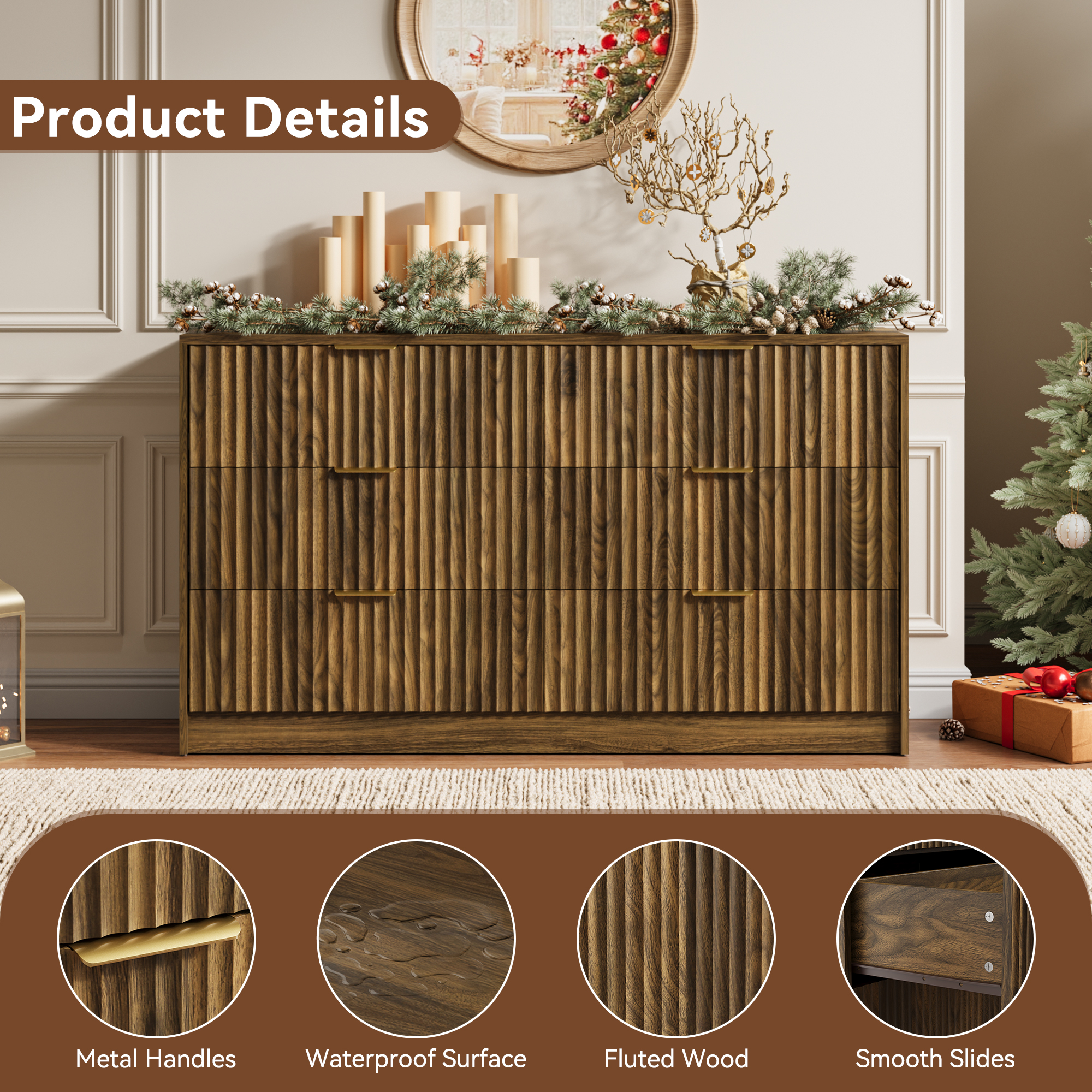 YouTrend 6 Drawer Dresser for Bedroom,55.1"Width Fluted Wood Chest of Drawer with Golden Embedded Handles for Living Room,Brown