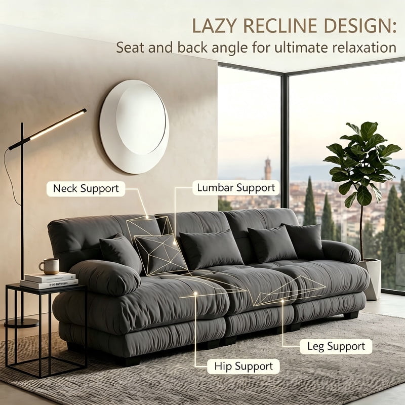 ANPPORT Cloud Couch Sleeper Sofa, Chenille Gray 3-Seater Modular Sofa, 3 Lumbar pillows, 2 Pillows, Comfy Deep Seat Cloud Sofa, Convertible L-Shaped Floor Couch for Living Room