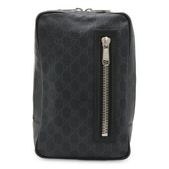 Pre-Owned GUCCI GG Supreme Web Stripe Body Bag Sling Shoulder Leather Black Gray 478325