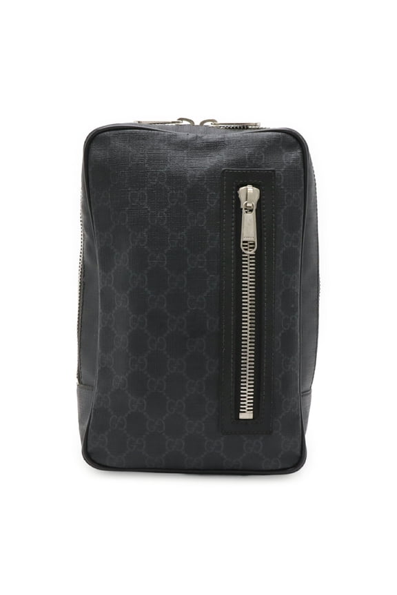 Pre-Owned GUCCI GG Supreme Web Stripe Body Bag Sling Shoulder Leather Black Gray 478325