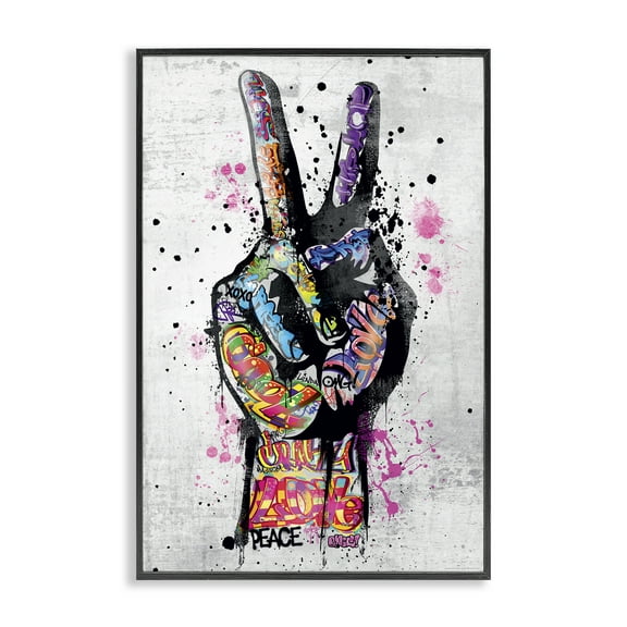 Stupell Industries Urban Tattooed Peace Hand Abstract Painting Black Framed Art Print Wall Art, 12 x 18