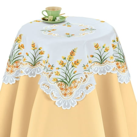 Yellow Dining Rooms Lovely Embroidered Wildflowers with Lace Cutout Table Linens - Seasonal Dining Room Décor, Square, Yellow ()