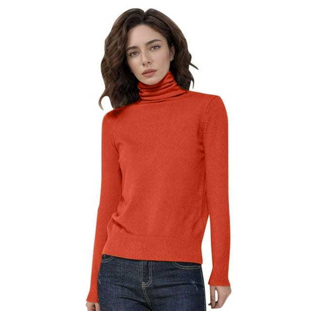 MIASHUI Women's Seamless Knit High Neck Long Sleeve Pullover Sweater, Soft Comfortable Ribbed Turtleneck Top for Everyday Casual Wear Orange,S