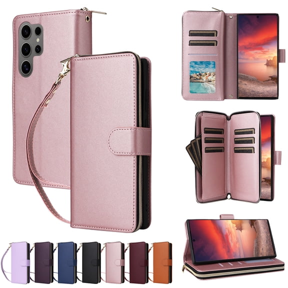 for Samsung Galaxy S23 Ultra Case Wallet with Card Holder, Wrist Strap and Shoulder Strap, Fashion PU Leather Zipper Pocket Magnetic Snap Crossbody Phone Case for Samsung Galaxy S23 Ultra, Rosegold