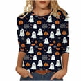 thumbnail image 2 of Women Halloween Ghost Pumpkin Bat All Over Print Crew Neck 3/4 Sleeve Casual T-Shirt Black A 4XL, 2 of 5