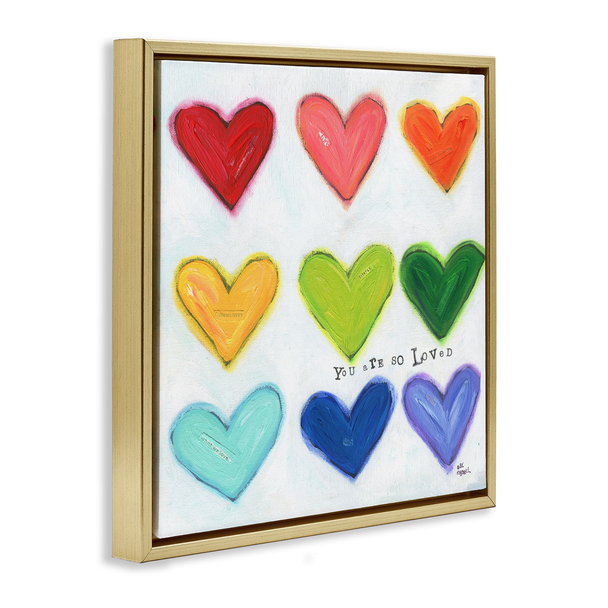Stupell Industries You Are So Loved Rainbow Hearts Inspirational Painting Gold Floater Framed Canvas Art Print Wall Art, 18 x 18