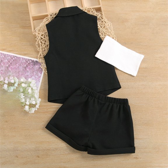 Vedolay Shorts Sets Girl Two Piece Girls Outfits Summer Print Short Sleeve T-Shirt Tops with Kid Casual Bow Shorts Set,Black 3-4 Years