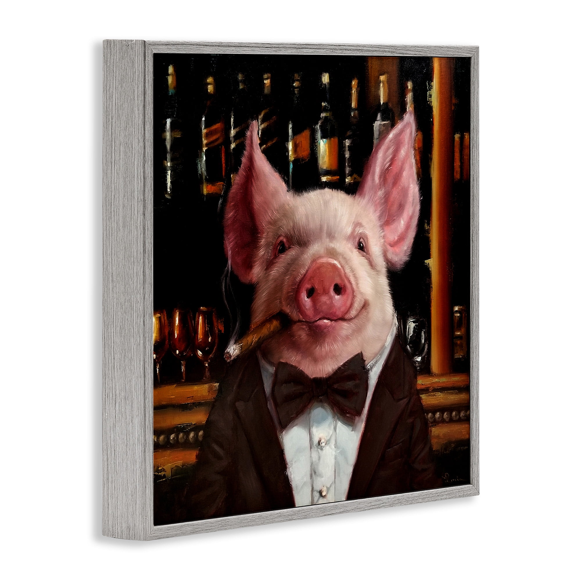 Stupell Industries Classy Pig at Cigar Bar Animals & Insects Painting Gray Framed Art Print Wall Art, 17 x 17