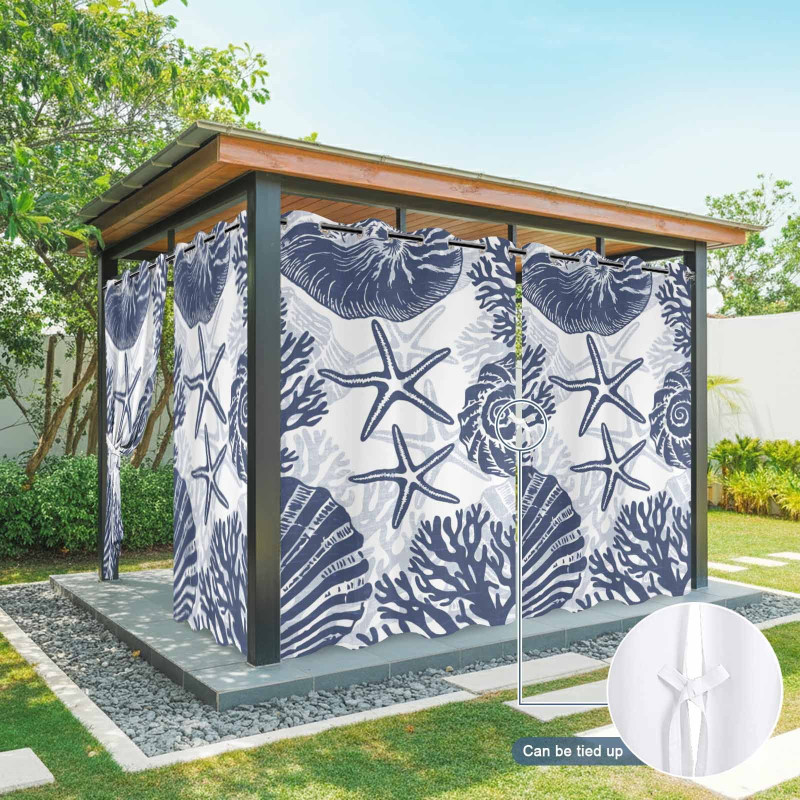 Navy Coastal Outdoor Curtains for Patio, Beach Starfish Nautical Coral Shell Summer Sunshade Privacy Drapes Grommet Waterproof Outside Curtains for Porch/Cabana/Balcony 54"x 108", 1 Panel
