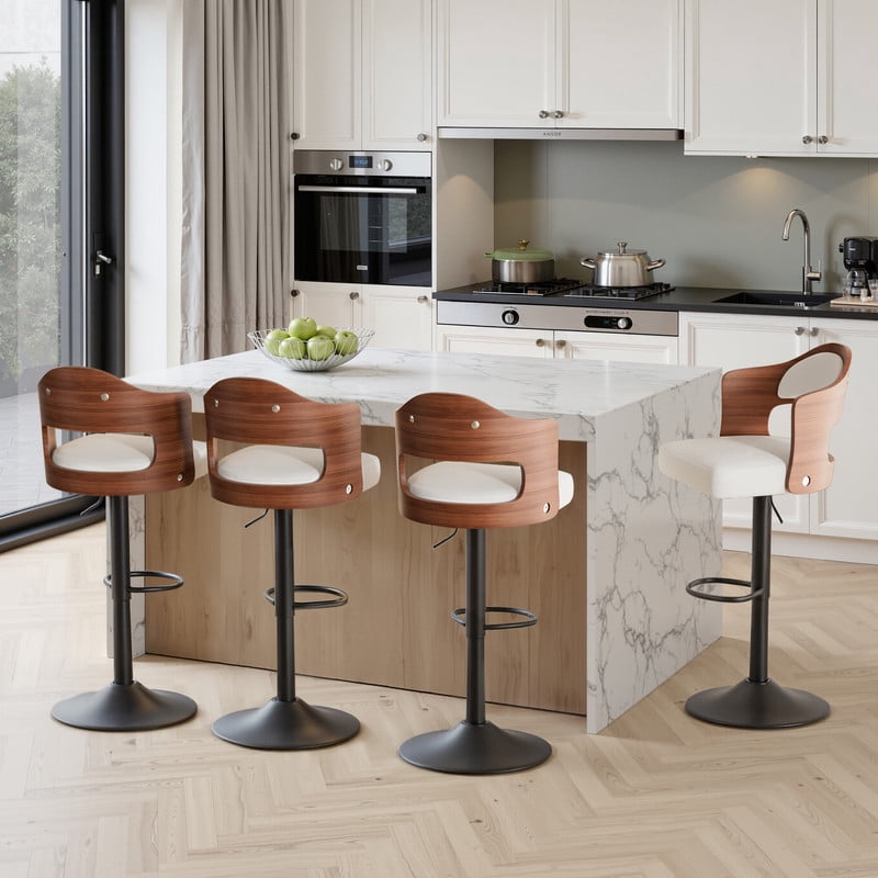 Daluvenix Swivel Bar Stools Set of 4, Wooden Kitchen Bar Chairs with Back, PU Leather Counter Height Barstools for Kitchen Island, White