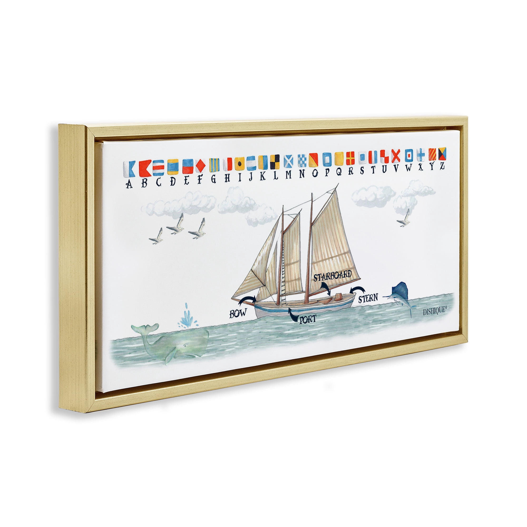 Stupell Industries Nautical Sailing Flags Educational Transportation Painting Gold Floater Framed Canvas Art Print Wall Art, 25 x 11