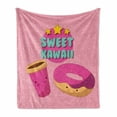 thumbnail image 1 of Anime Soft Flannel Fleece Throw Blanket, Kawaii Lettering with Donut and Coffee Smiling Cartoon Characters Pink Backdrop, Cozy Plush for Indoor and Outdoor Use, 50" x 60", Multicolor, by Ambesonne, 1 of 6