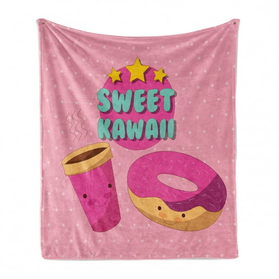 Anime Soft Flannel Fleece Throw Blanket, Kawaii Lettering with Donut and Coffee Smiling Cartoon Characters Pink Backdrop, Cozy Plush for Indoor and Outdoor Use, 50" x 60", Multicolor, by Ambesonne