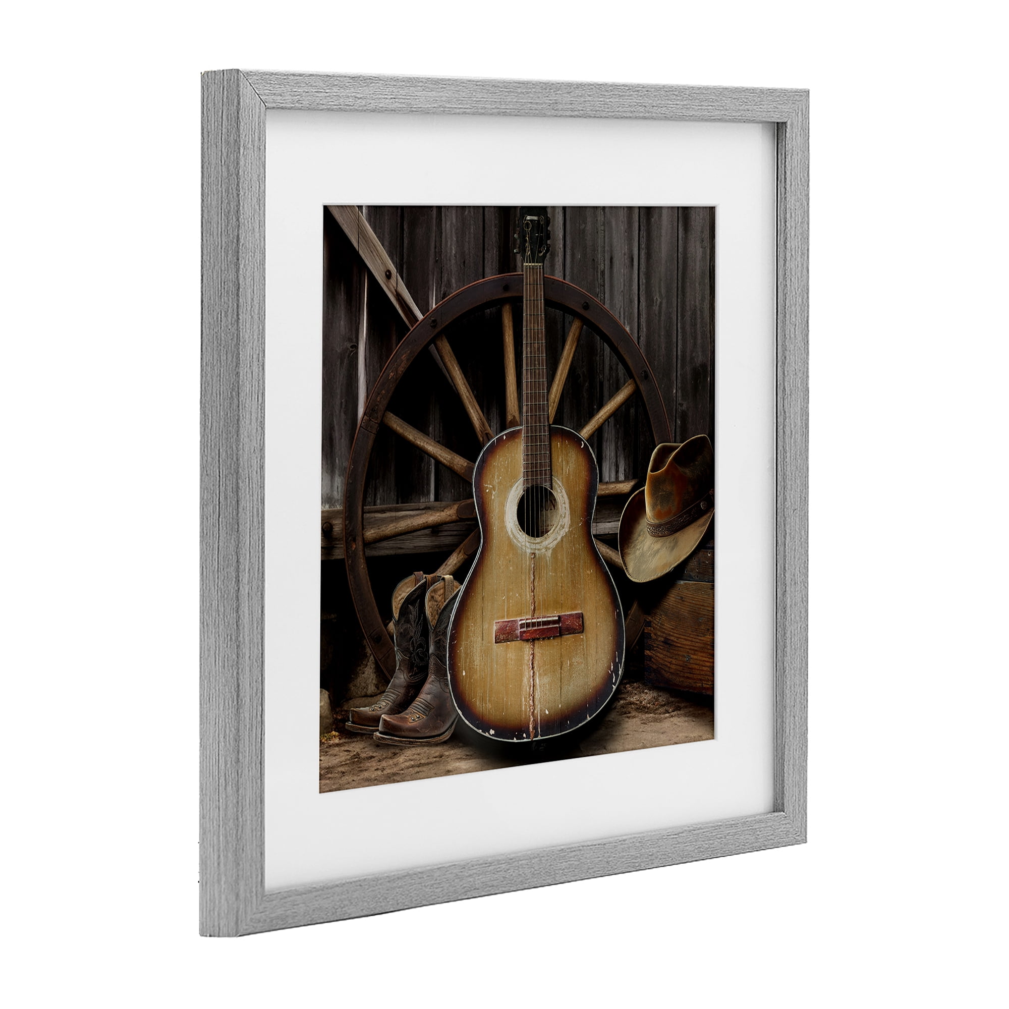 Stupell Industries Rustic Western Guitar with Hat Gray Framed Print Under Glass, design by CAD Designs