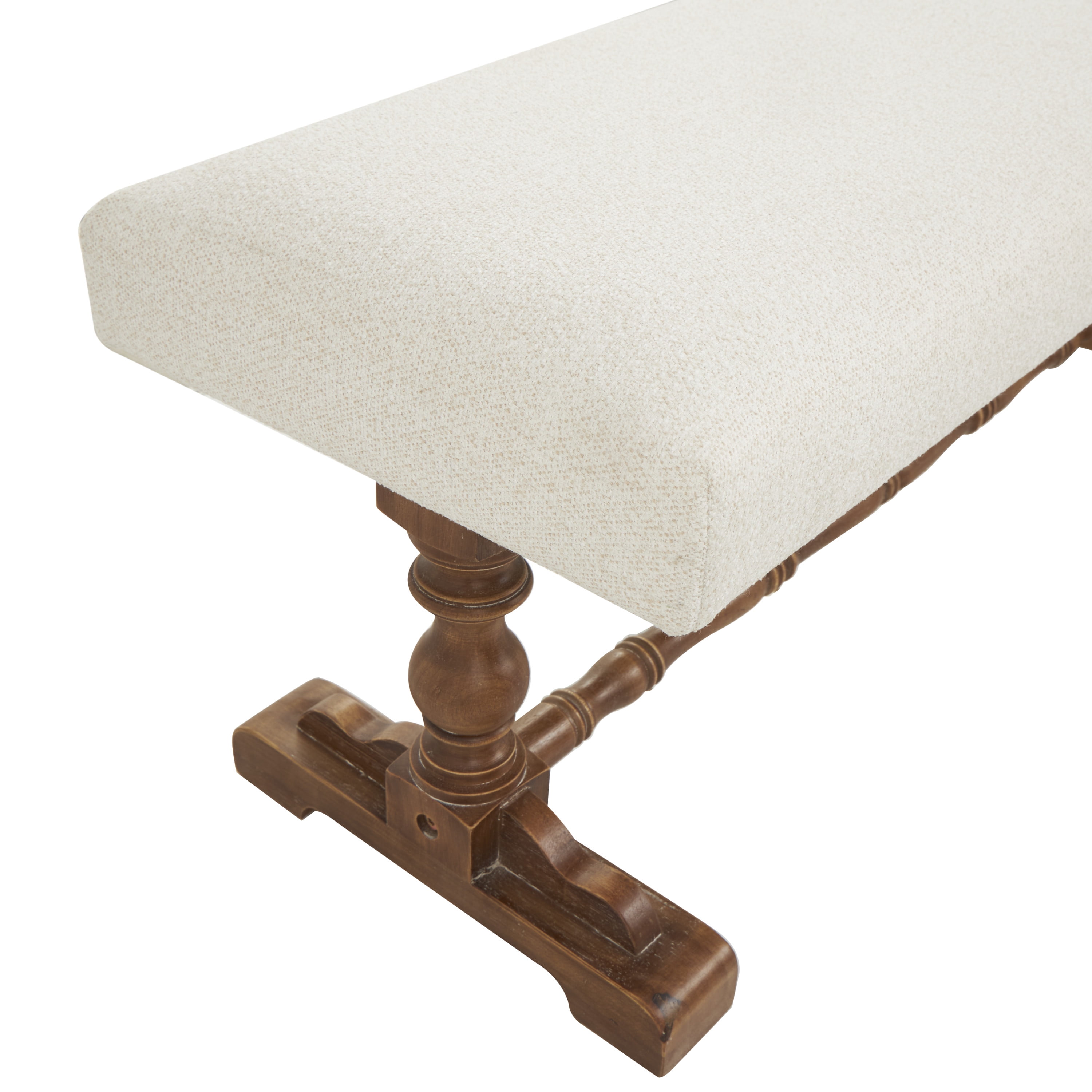 DecMode Fabric Bench with Brown Turned Legs, Cream