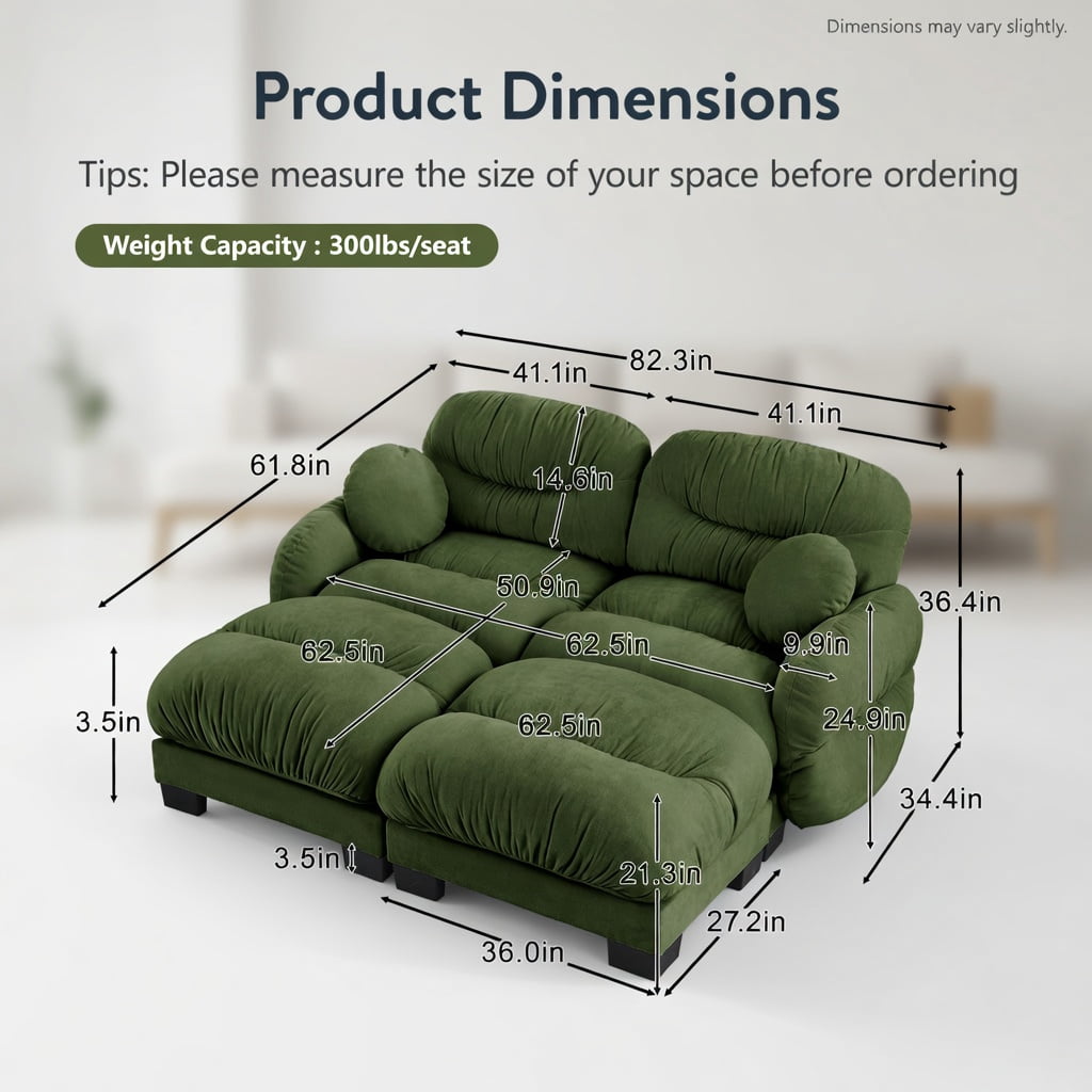Hommoo Chenille 2-Seater L-Shaped Modular Sectional Sofa with Ergonomic Foam, Curved Armrests, 2 Ottomans & 2 Round Throw Pillows, Pleated Back Design, Green