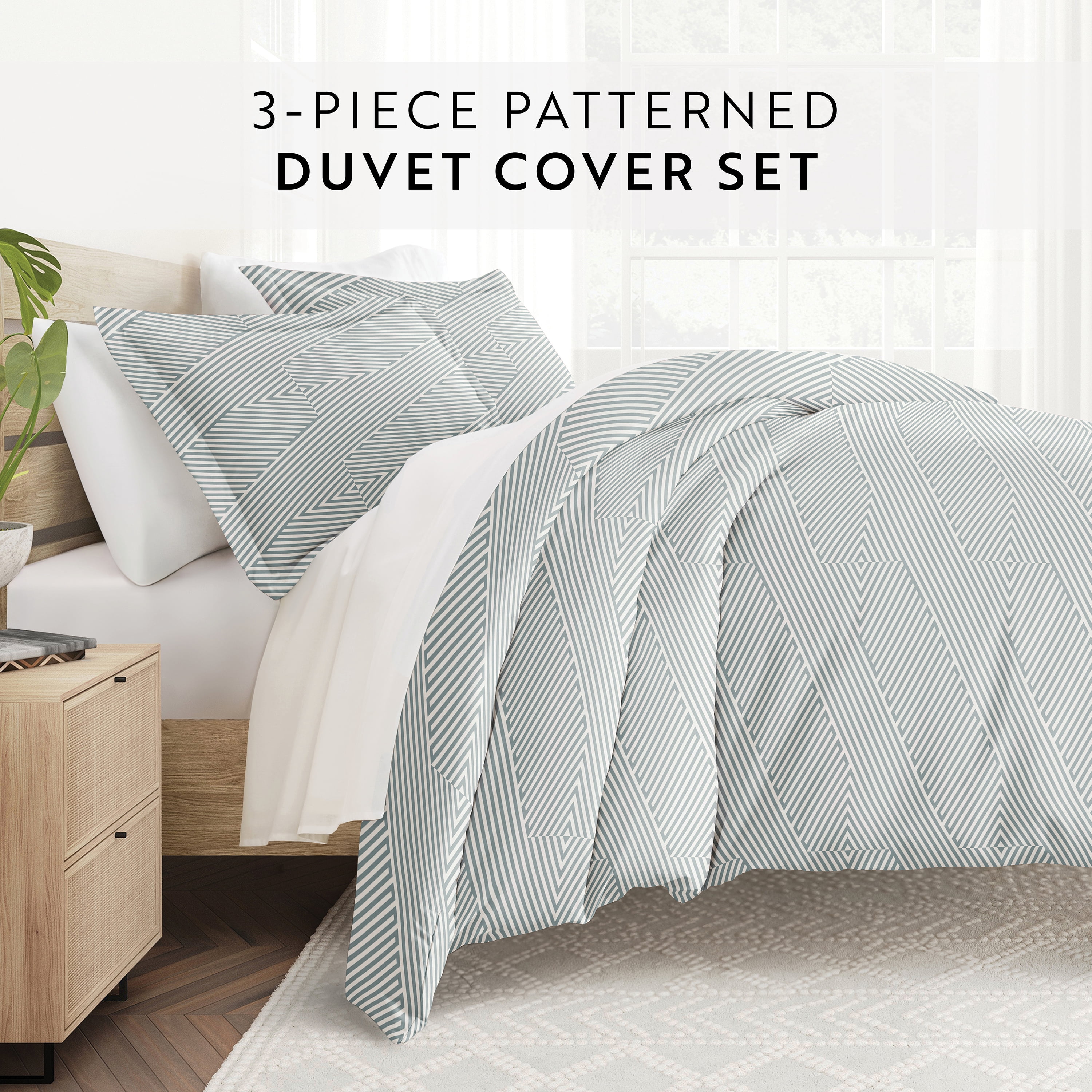 Noble Linens Light Blue Modern Diagonal 3-Piece 3-Piece Duvet Cover Set, Full/Queen