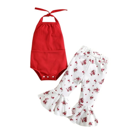 

aturustex Infants Girl Outfit Halter Tanks Tops + Flared Pants Floral Print Wide Elastic Waist Summer Clothing
